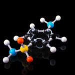 Molecular model of a peptide structure with colorful spheres representing different elements