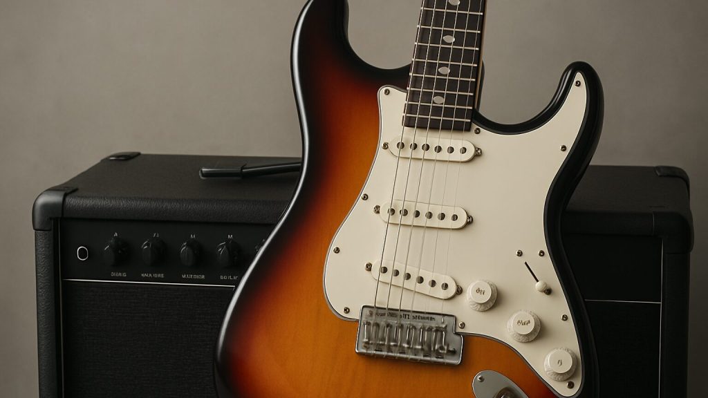 Electric guitar positioned against an amplifier with a neutral backdrop