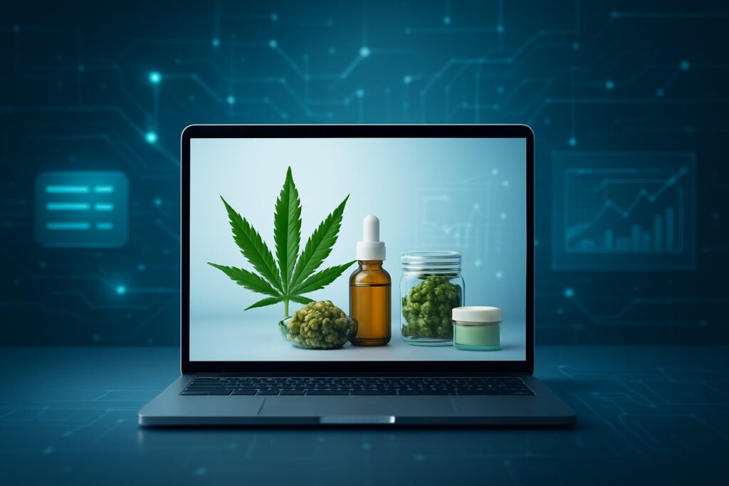 A laptop displaying various cannabis products, including a leaf, oil, and containers, against a tech background.