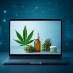 A laptop displaying various cannabis products, including a leaf, oil, and containers, against a tech background.