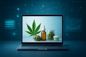 A laptop displaying various cannabis products, including a leaf, oil, and containers, against a tech background.