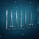 Collection of surgical instruments on a digital background with circuit design