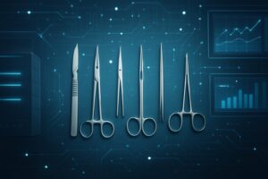 Collection of surgical instruments on a digital background with circuit design