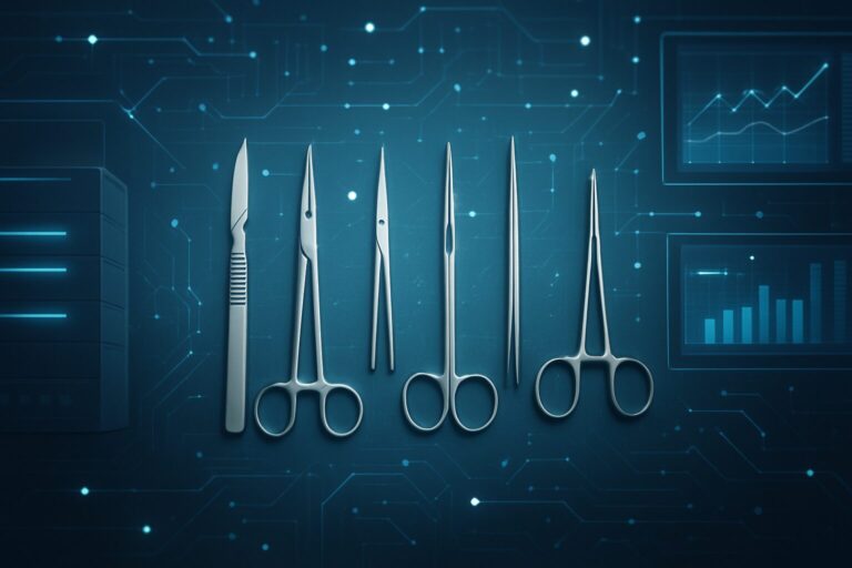 Collection of surgical instruments on a digital background with circuit design