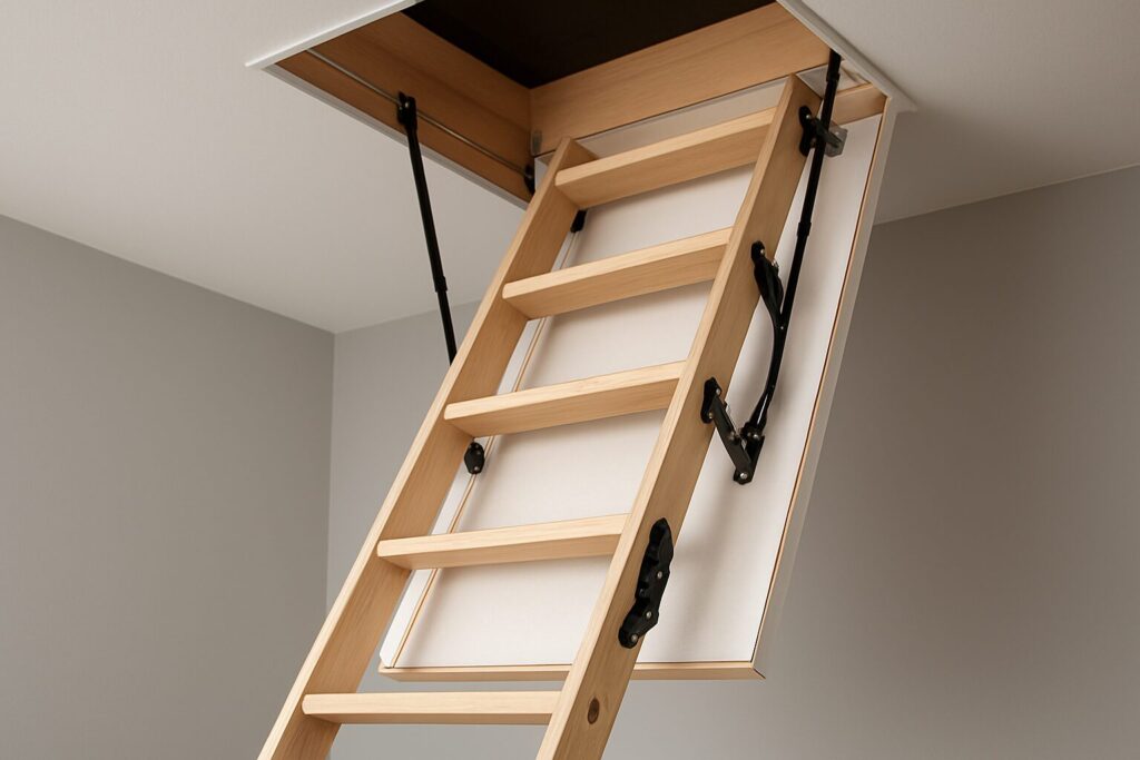 a wooden loft ladder extending from a ceiling hatch in a minimalist home interior