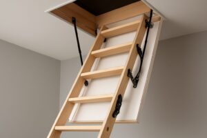a wooden loft ladder extending from a ceiling hatch in a minimalist home interior