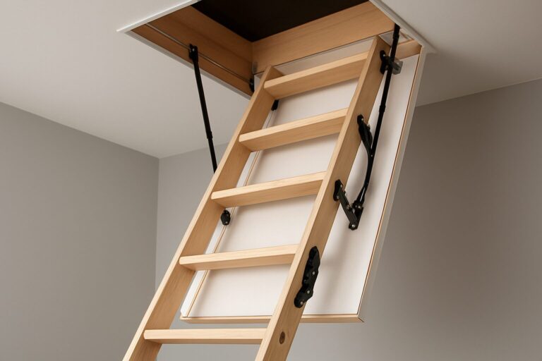 a wooden loft ladder extending from a ceiling hatch in a minimalist home interior