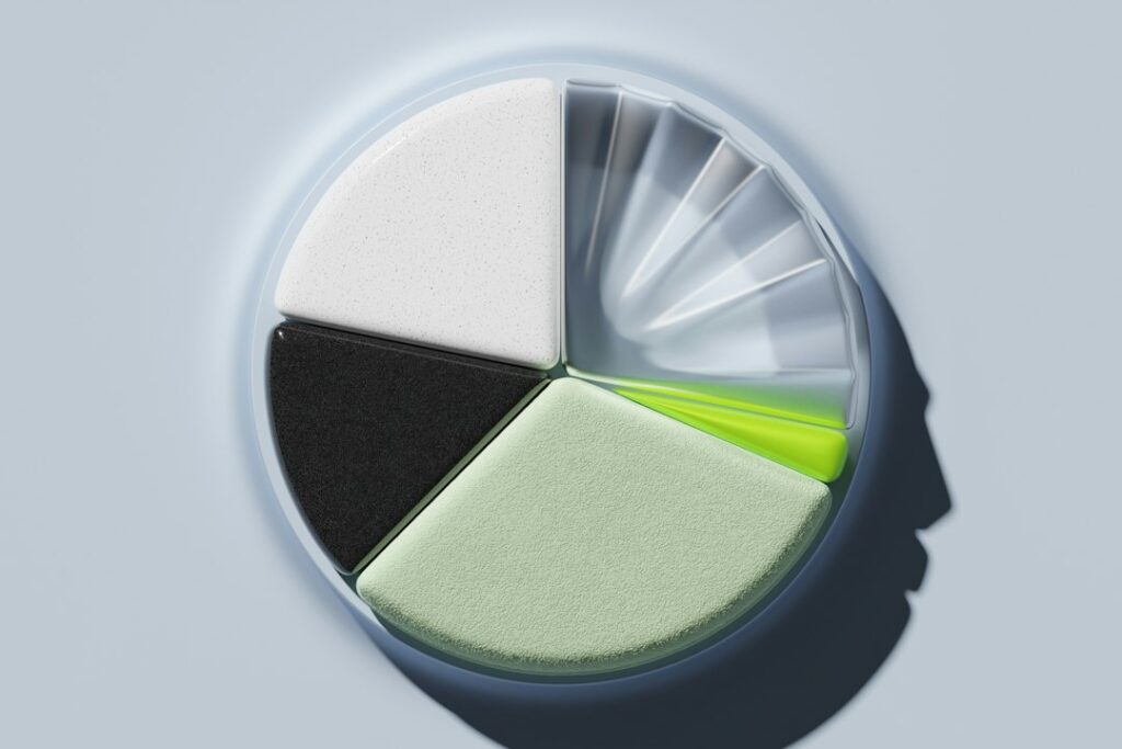 A segmented pie chart with various colors representing different sections, against a light background.